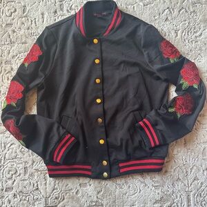 Material Girl Black and Red Varsity Jacket with Floral Embroidery